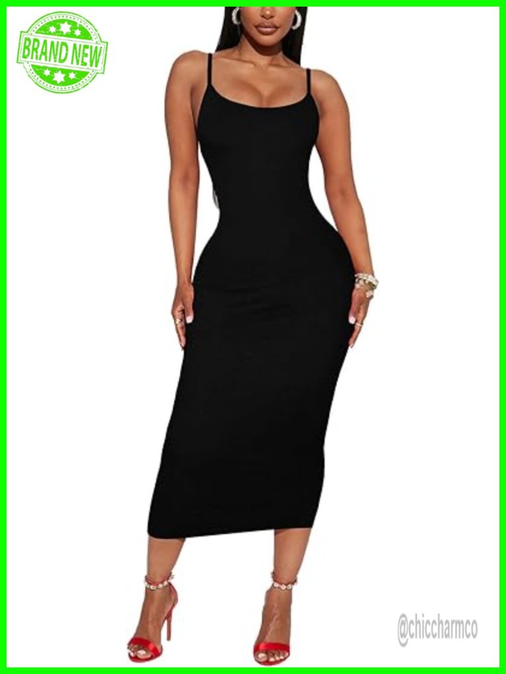Midi Bodycon Tight Dress Spaghetti Strap Club Party Fitted Slip Dress
